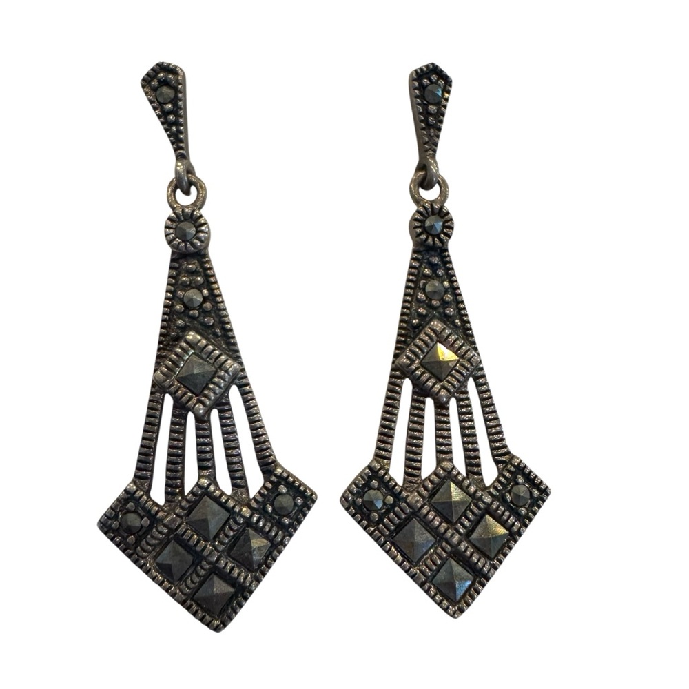 Sterling Silver Marcasite Earrings Art Deco Style Pierced Dangle